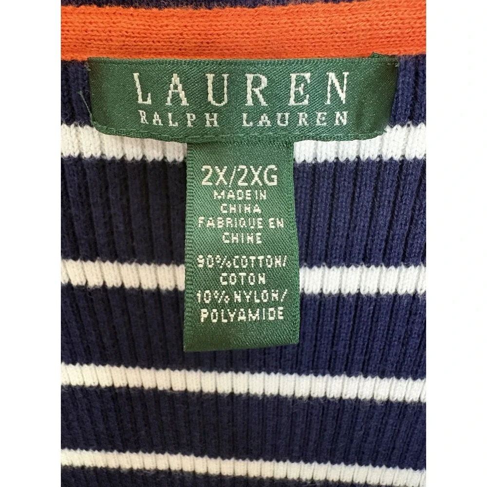Lauren‎ Ralph Lauren Striped Ribbed Cardigan 2X Stretch Preppy Nautical Buttons